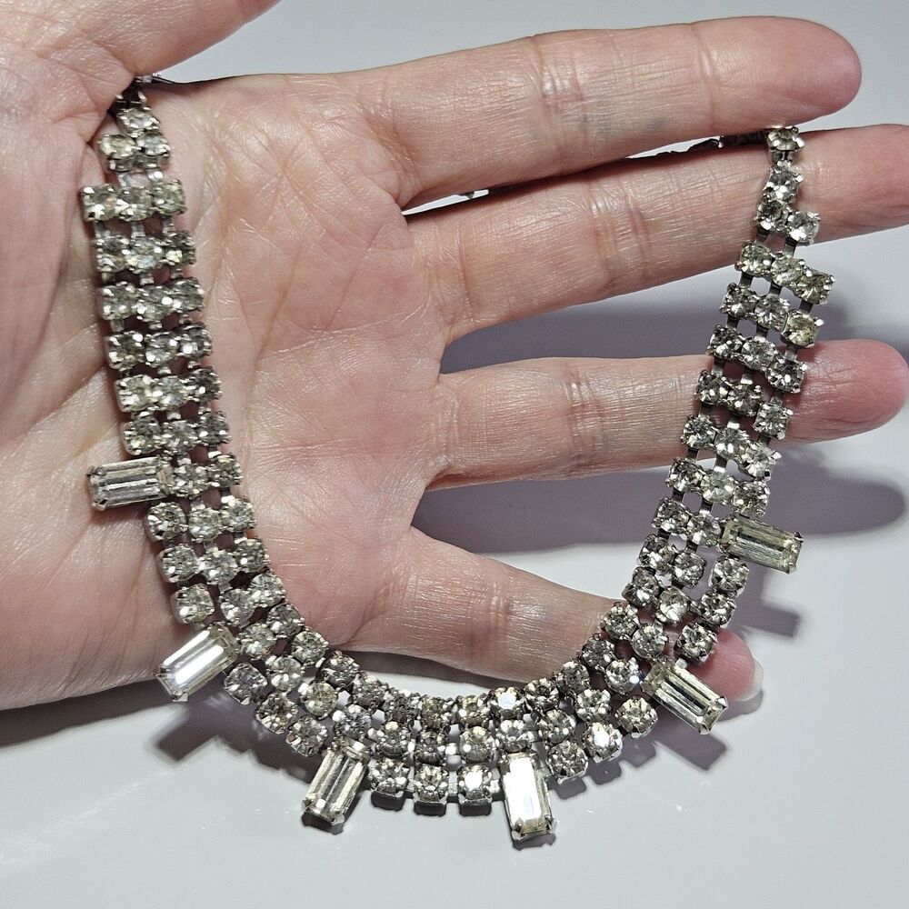 Vintage Silver Tone Clear Rhinestone Statement Necklace 12-16"
